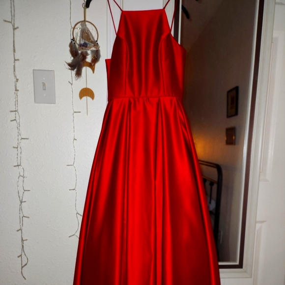 open lace back dress Ruffled High-Neck Floral-Print Long Red Formal Dress PromGirl